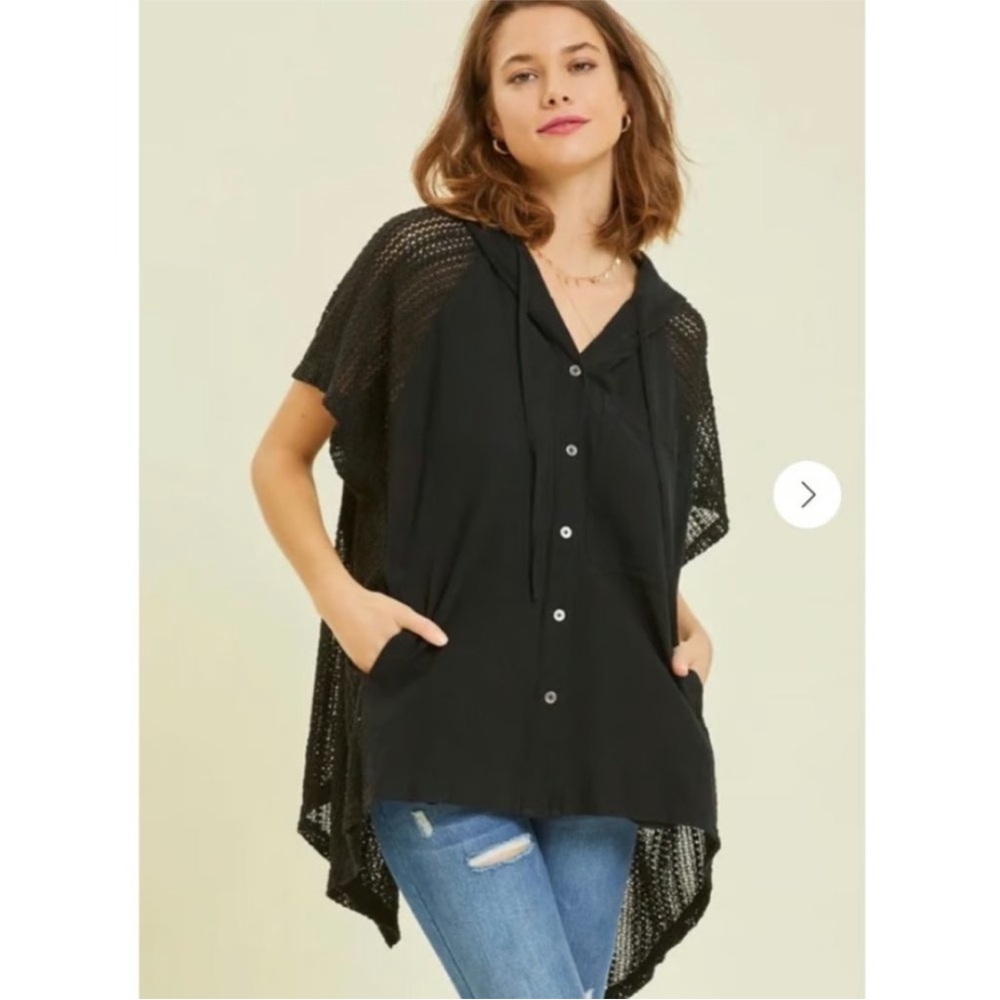 Free People black Mesh Hoodie Sz Large NWOT we the free, short sleeve hoodie